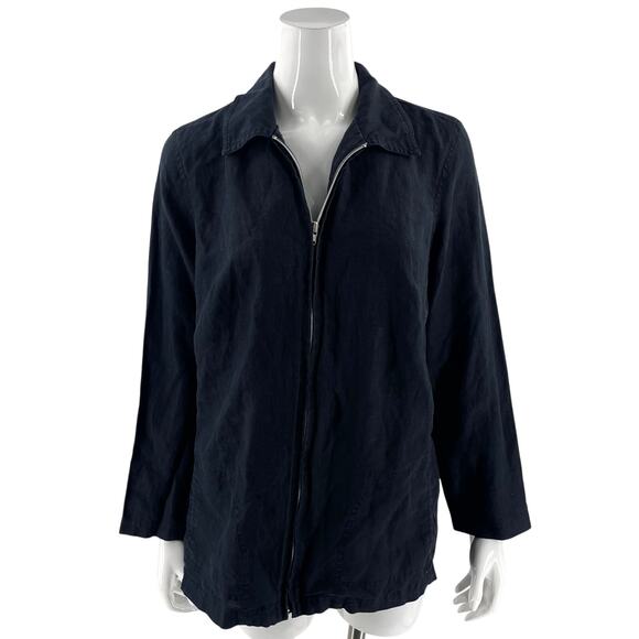 Deane & White Womens Linen Jacket Plus Size 1X Black Side Pockets Zip Up - Picture 1 of 4